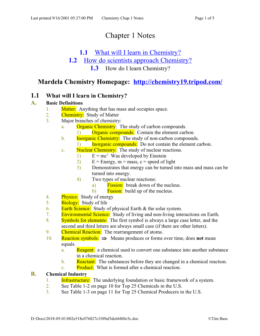 Last Printed 9/16/2001 5:37 PM Chemistry Chap 1 Notes Page 1 of 5