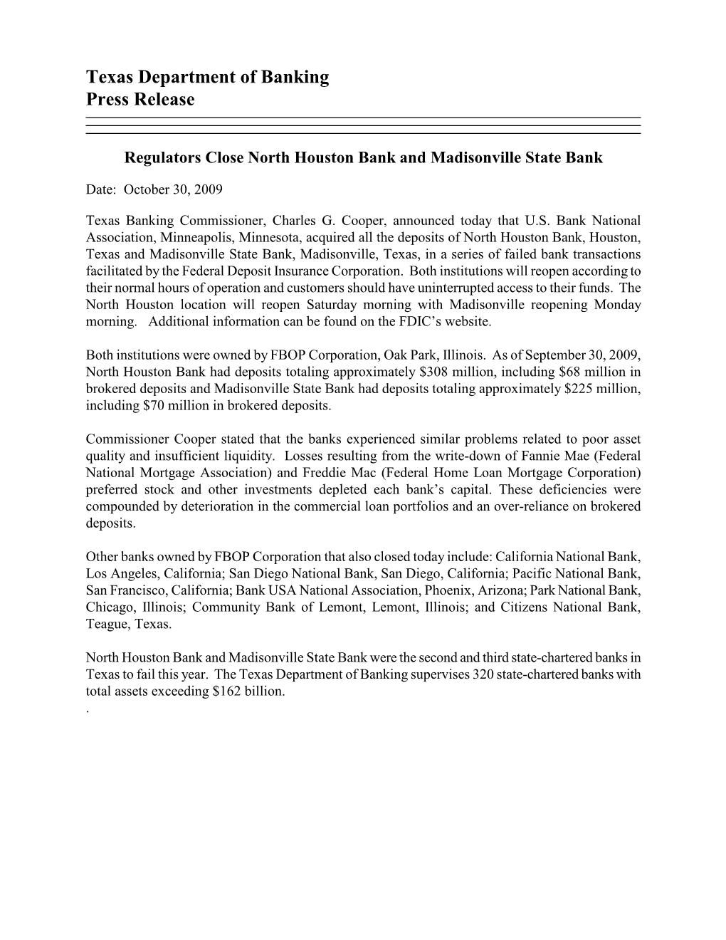 Texas Department of Banking Press Release