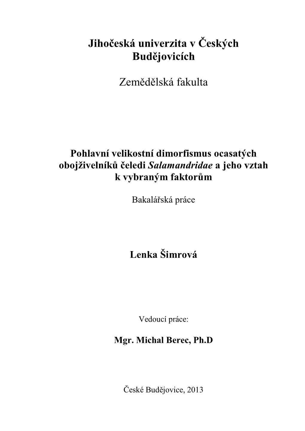 Jihočeská Univerzita V Českých Budějovicích Zemědělská Fakulta