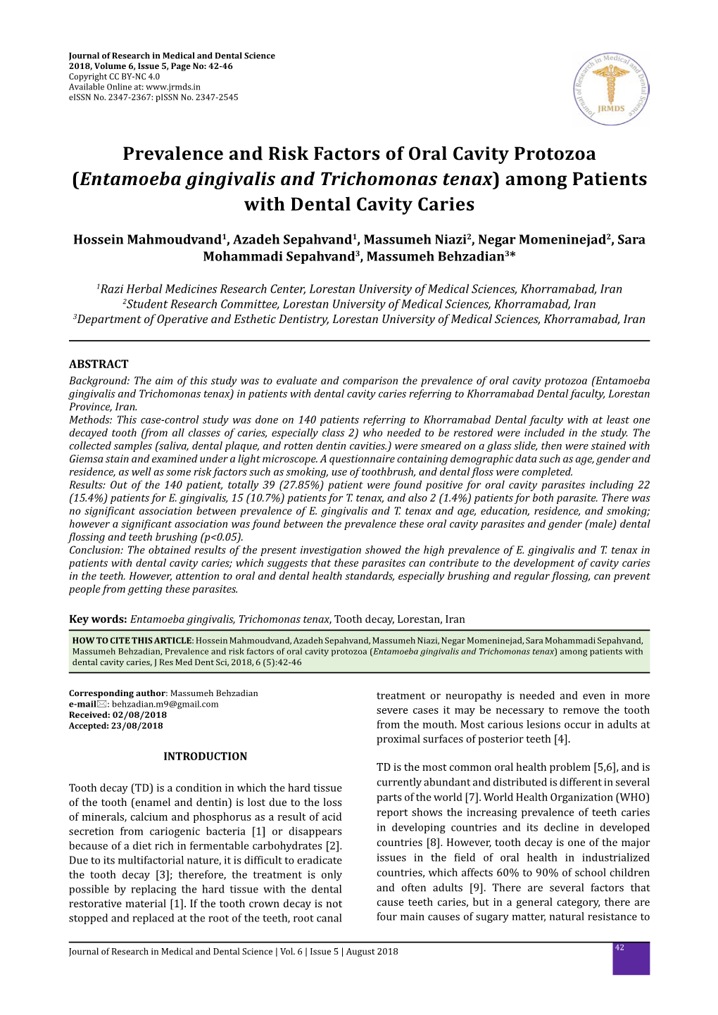 Prevalence and Risk Factors of Oral Cavity Protozoa (Entamoeba Gingivalis and Trichomonas Tenax) Among Patients with Dental Cavity Caries