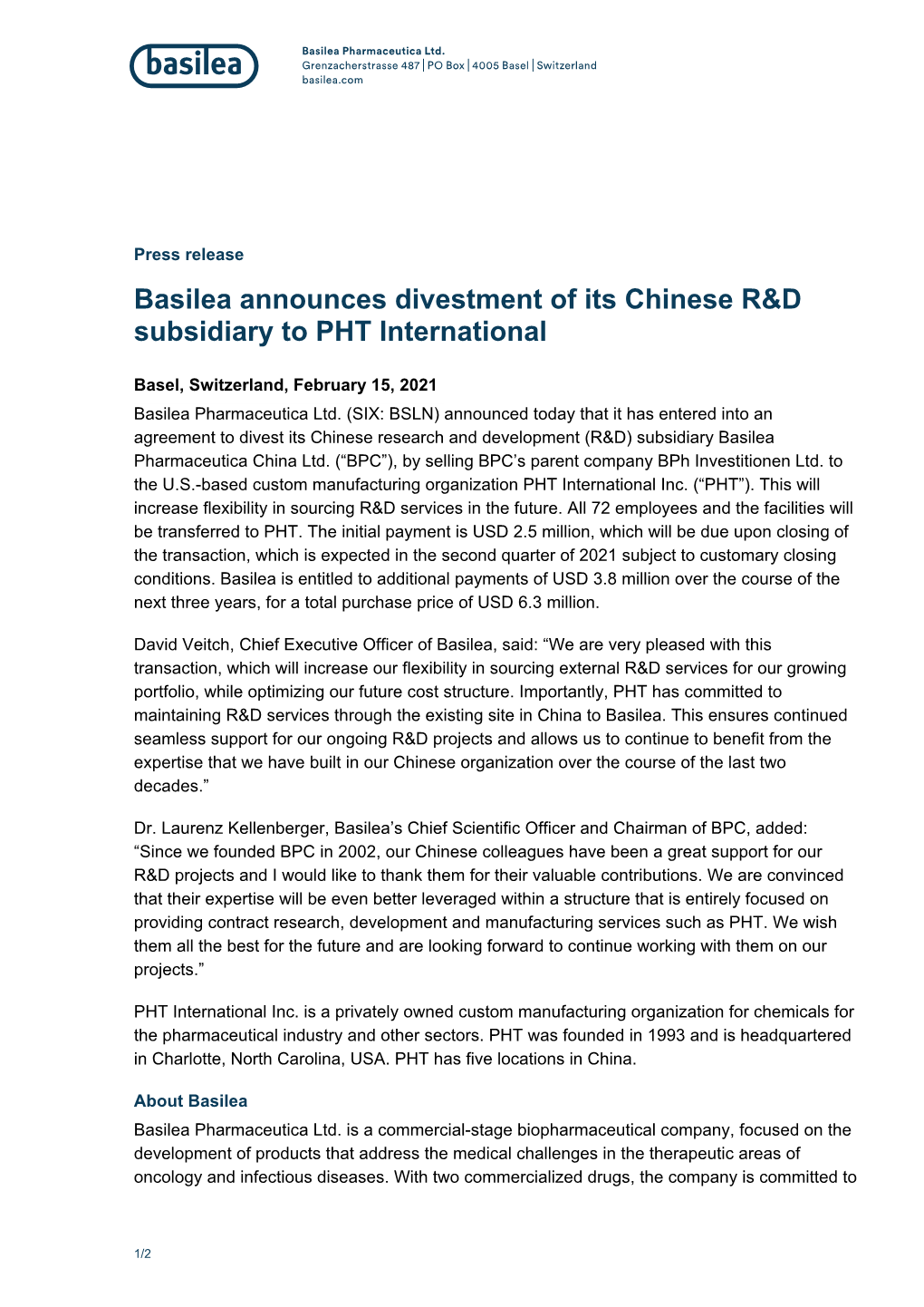 Basilea Announces Divestment of Its Chinese R&D Subsidiary to PHT