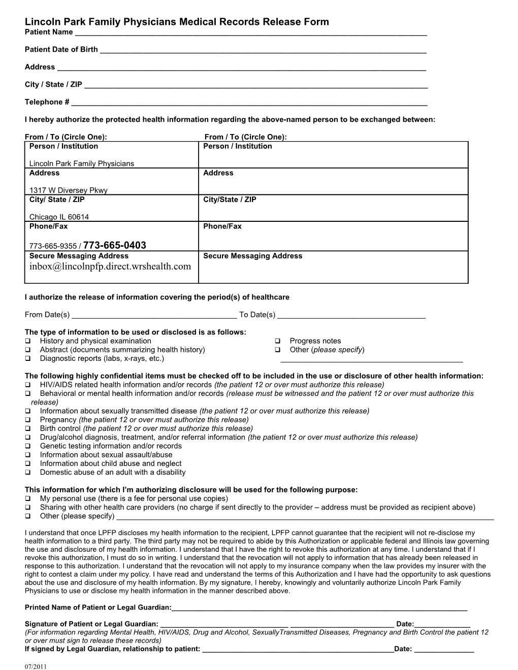 Lincoln Park Family Physicians Medical Records Release Form