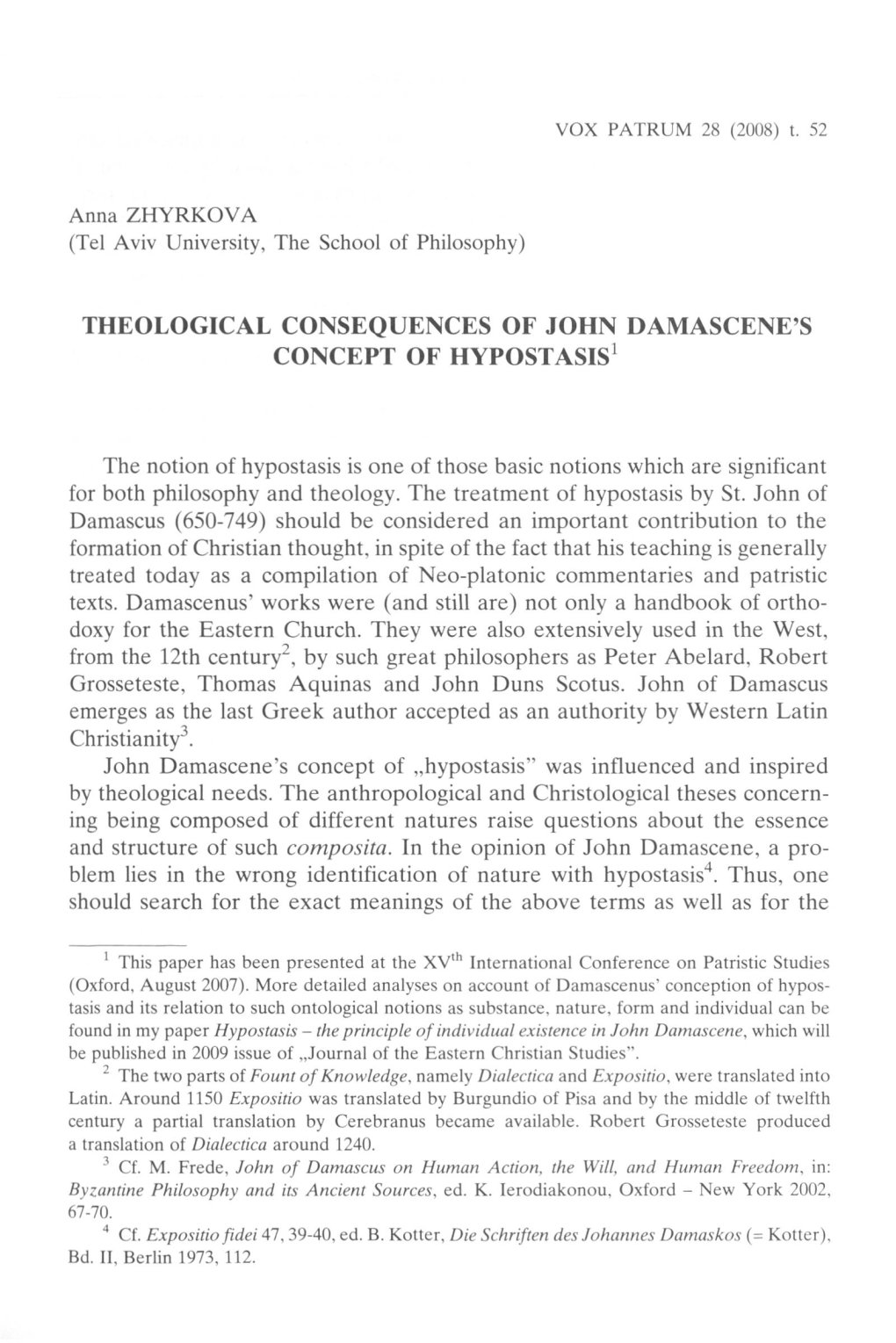 Theological Consequences of John Damascene's Concept of Hypostasis