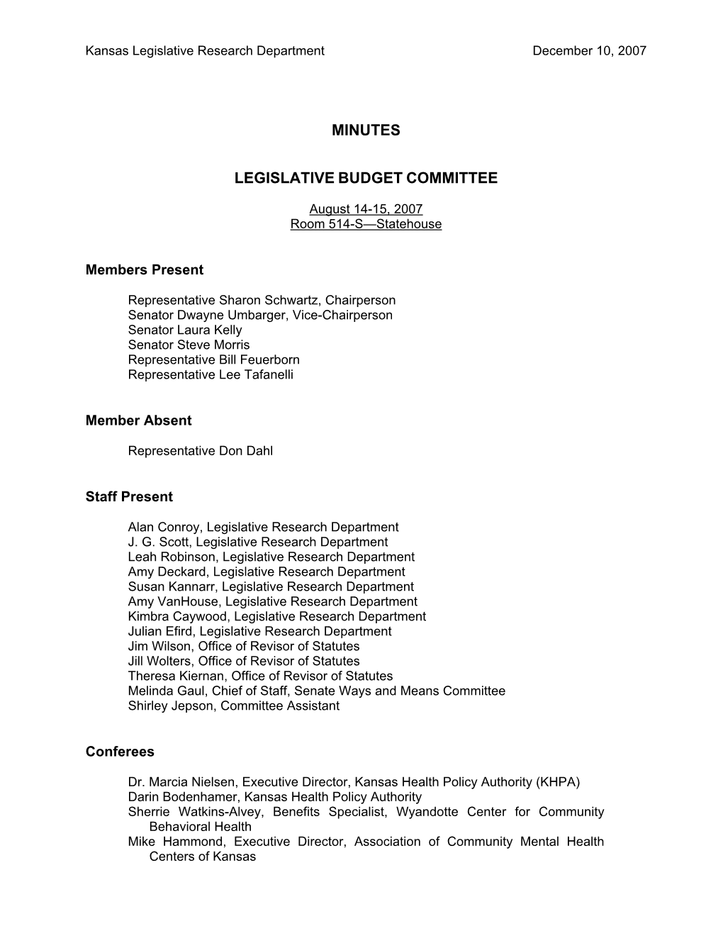 Minutes Legislative Budget Committee