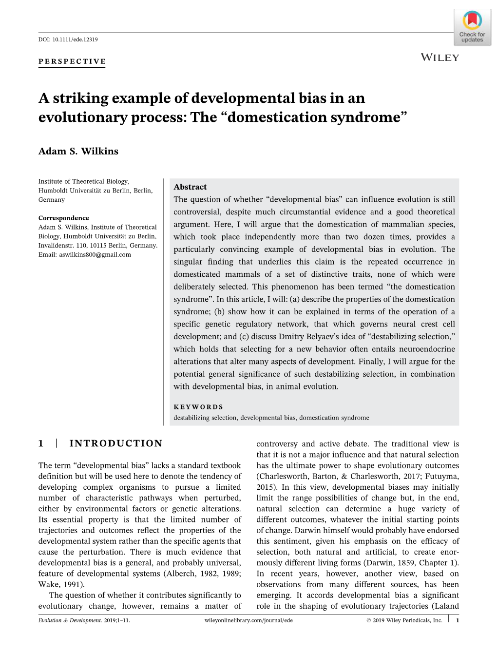 A Striking Example of Developmental Bias in an Evolutionary Process: the “Domestication Syndrome”