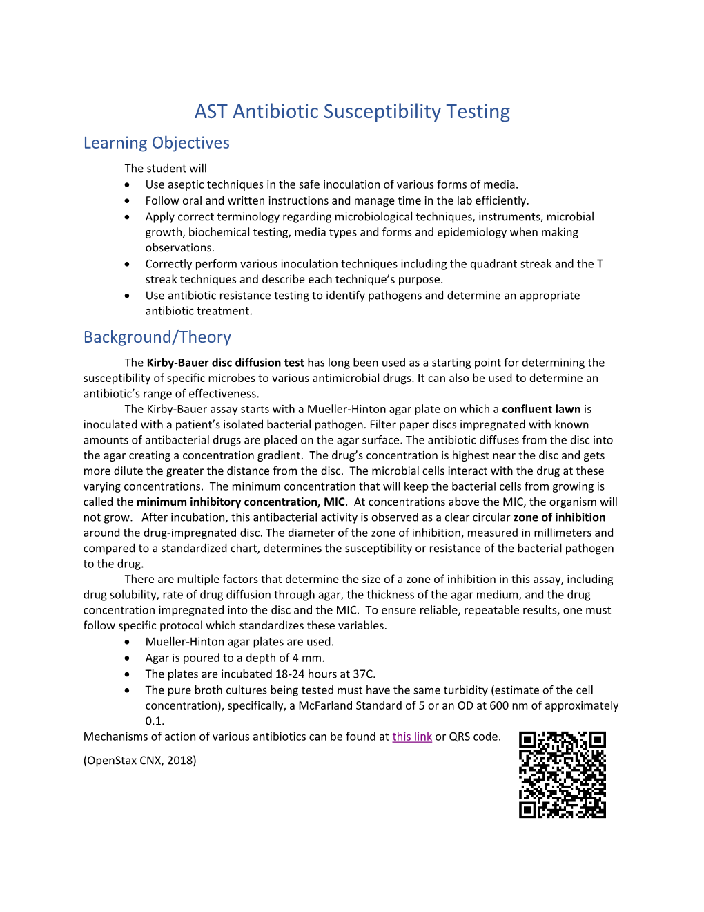 AST Antibiotic Susceptibility Testing Learning Objectives the Student Will  Use Aseptic Techniques in the Safe Inoculation of Various Forms of Media