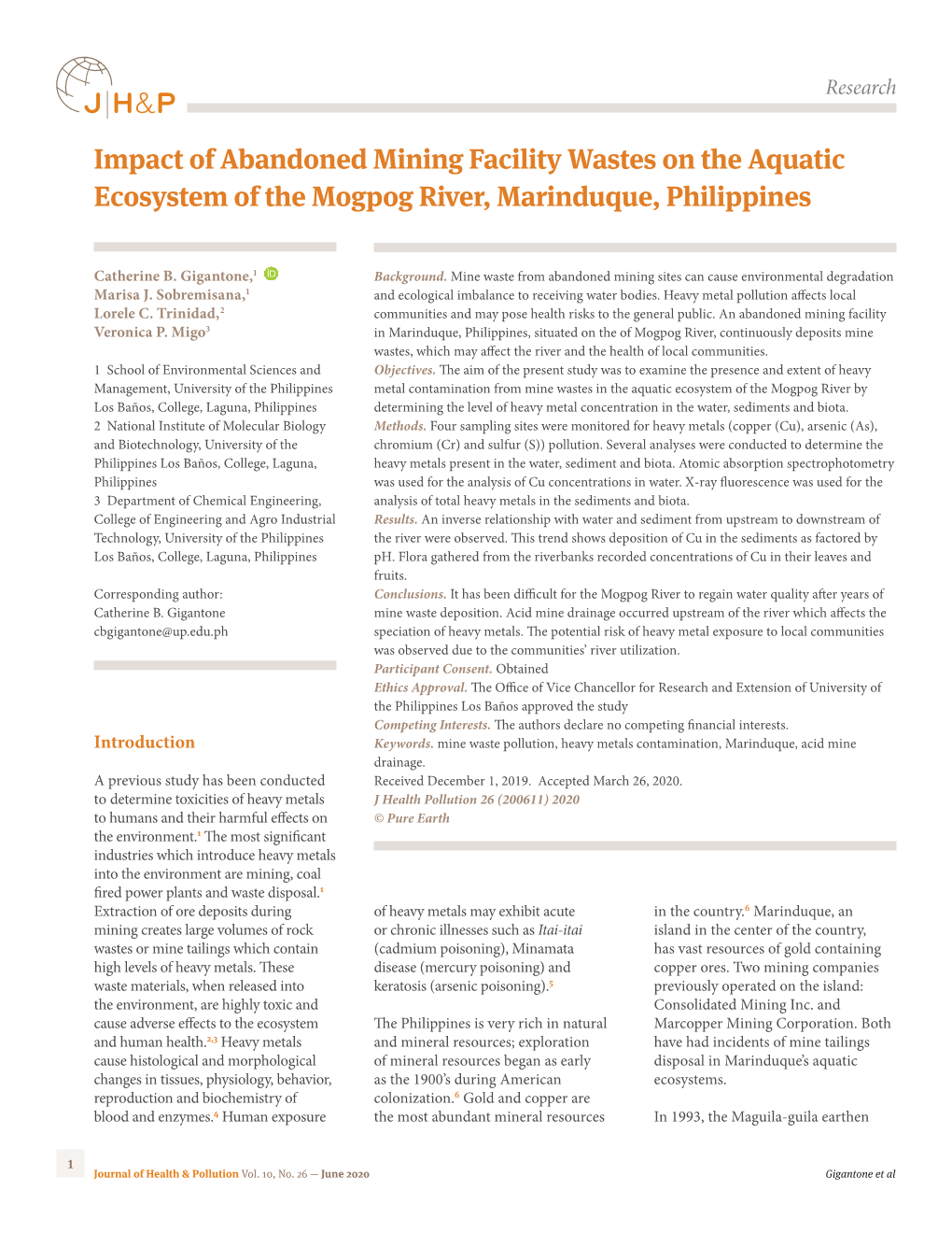 Impact of Abandoned Mining Facility Wastes on the Aquatic Ecosystem of the Mogpog River, Marinduque, Philippines