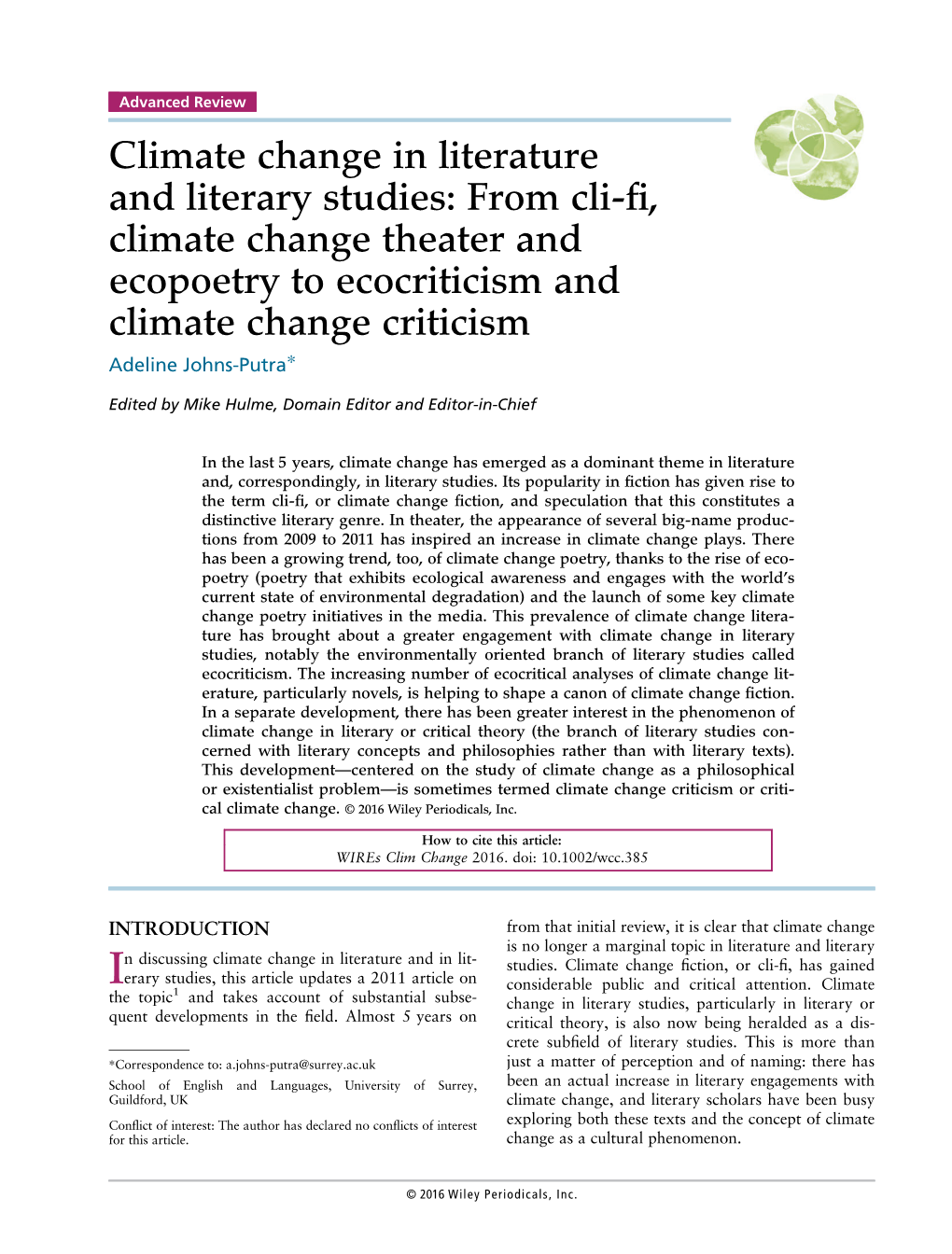 Climate Change in Literature and Literary Studies: from Cli-Fi, Climate