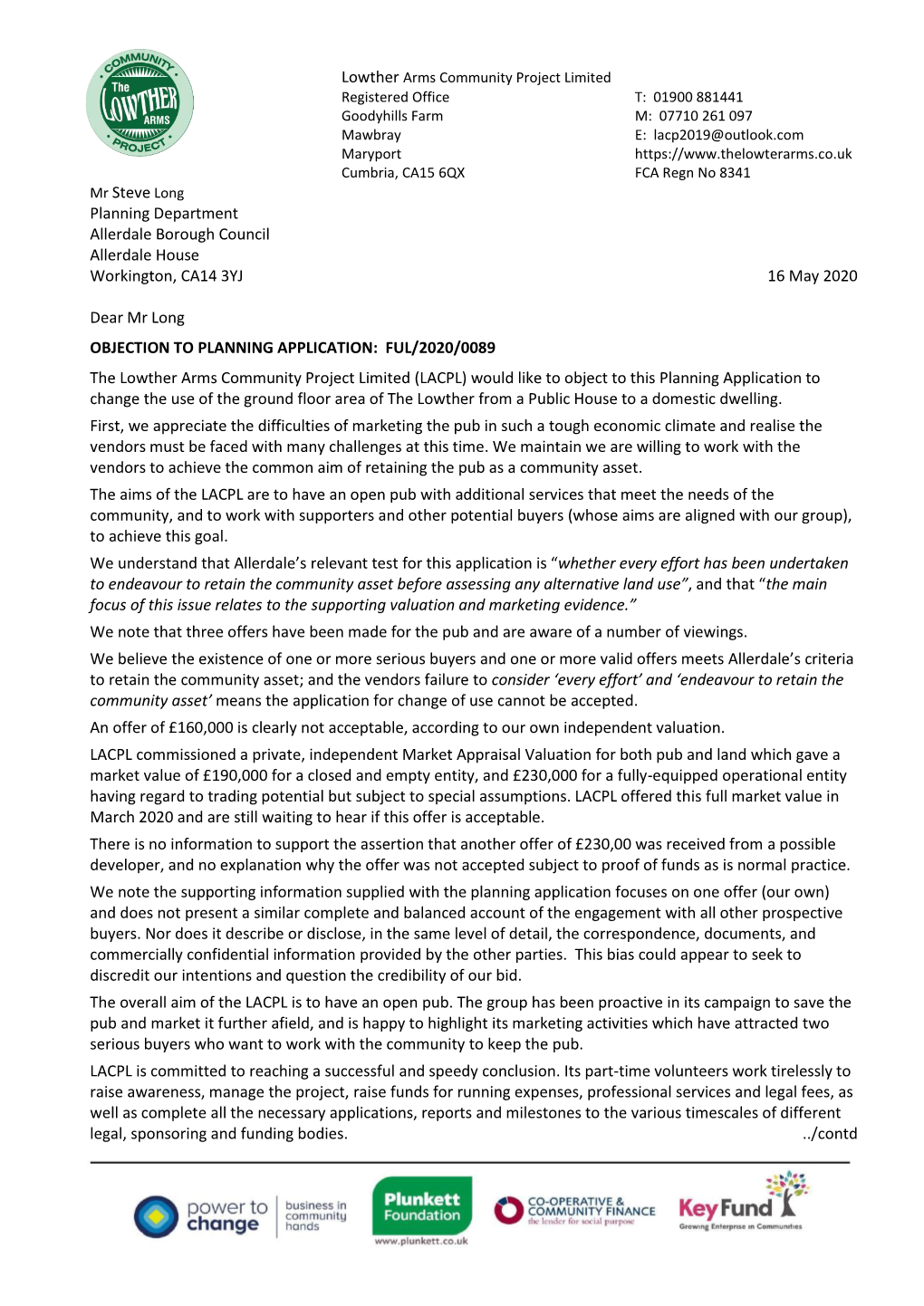 Mr Steve Long Planning Department Allerdale Borough Council Allerdale House Workington, CA14 3YJ 16 May 2020