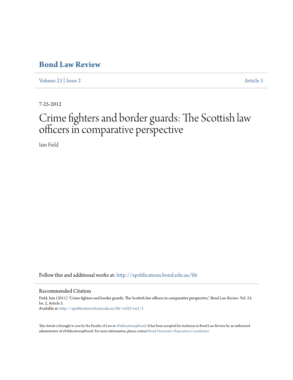 Crime Fighters and Border Guards: the Scottish Law Officers in Comparative Perspective