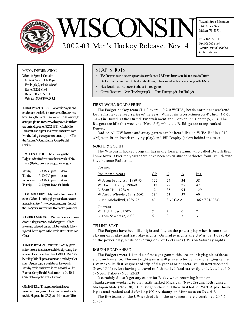 2002-03 Men's Hockey Release, Nov. 4