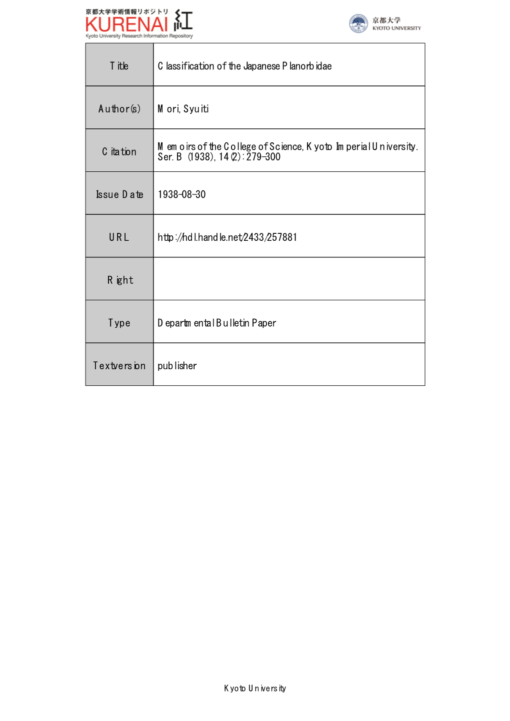 Title Classification of the Japanese Planorbidae Author(S) Mori, Syuiti Citation Memoirs of the College of Science, Kyoto Imperi