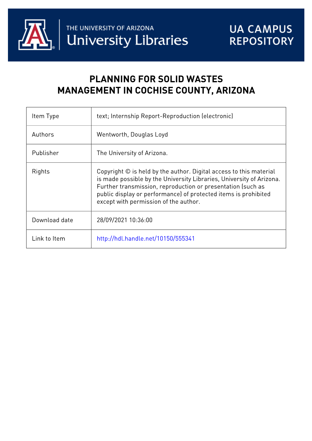 Plaimihg for SOLID WASTES MANAGEMENT in COCHISE