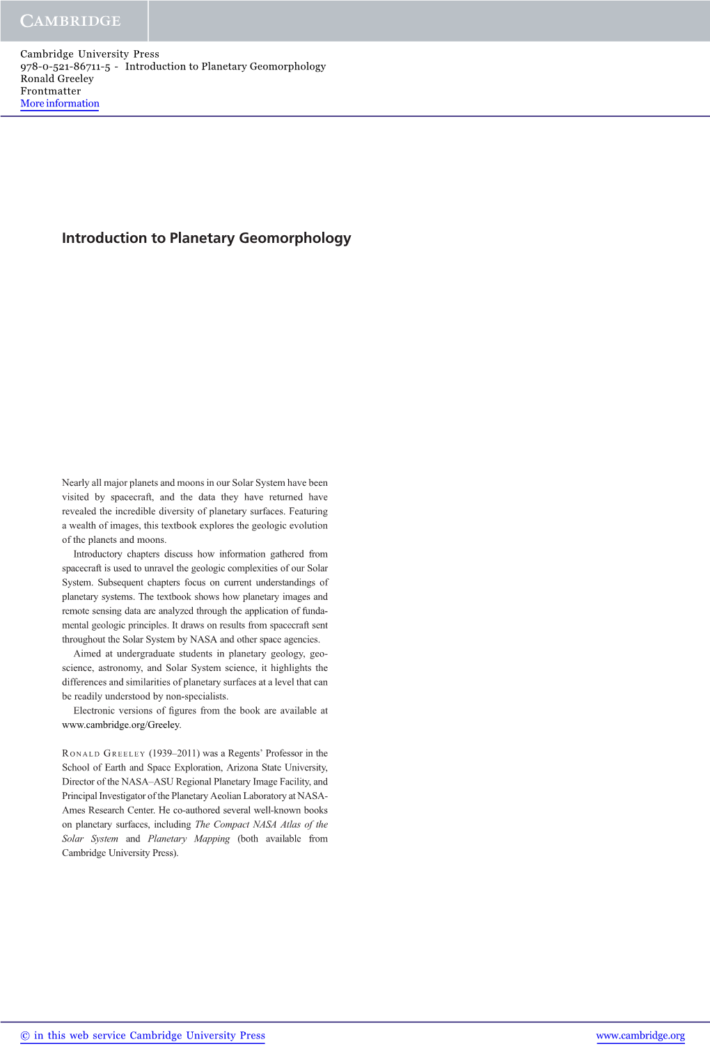 Introduction to Planetary Geomorphology Ronald Greeley Frontmatter More Information