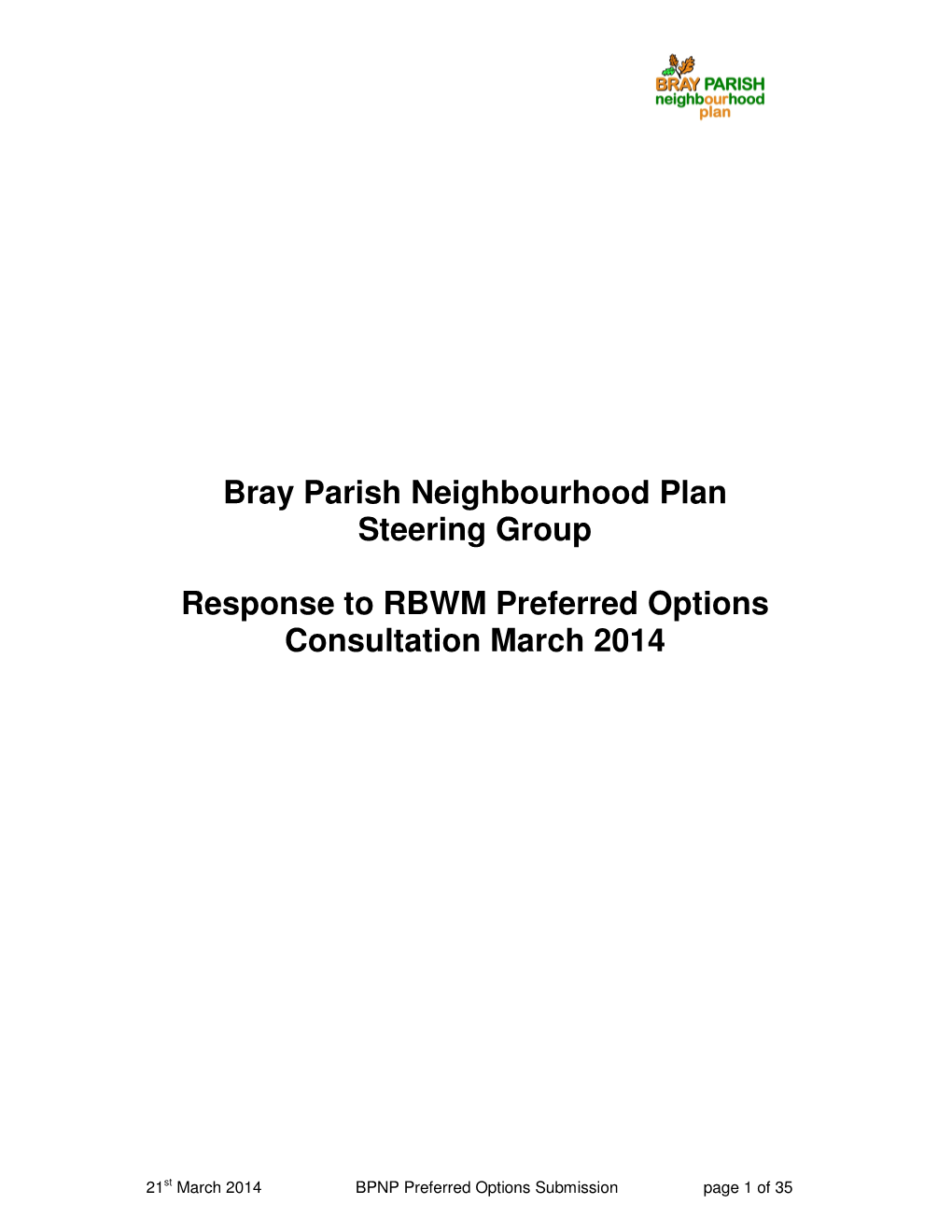 Bray Parish Neighbourhood Plan Steering Group Response To