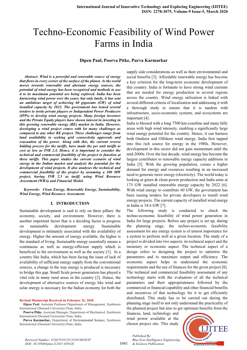 Techno-Economic Feasibility of Wind Power Farms in India