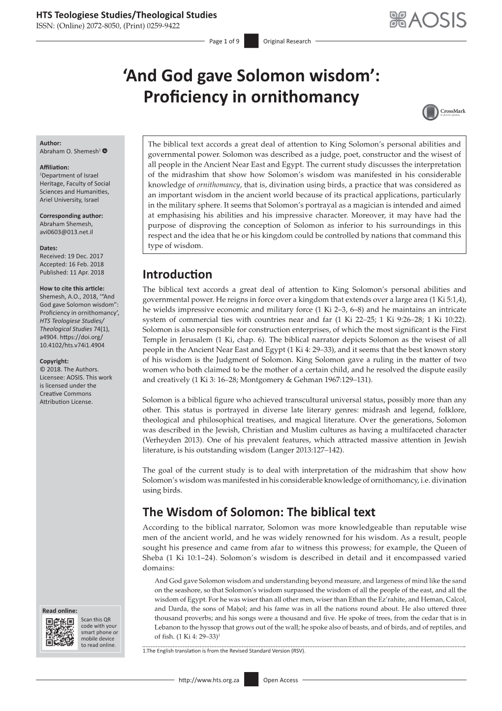 'And God Gave Solomon Wisdom': Proficiency in Ornithomancy