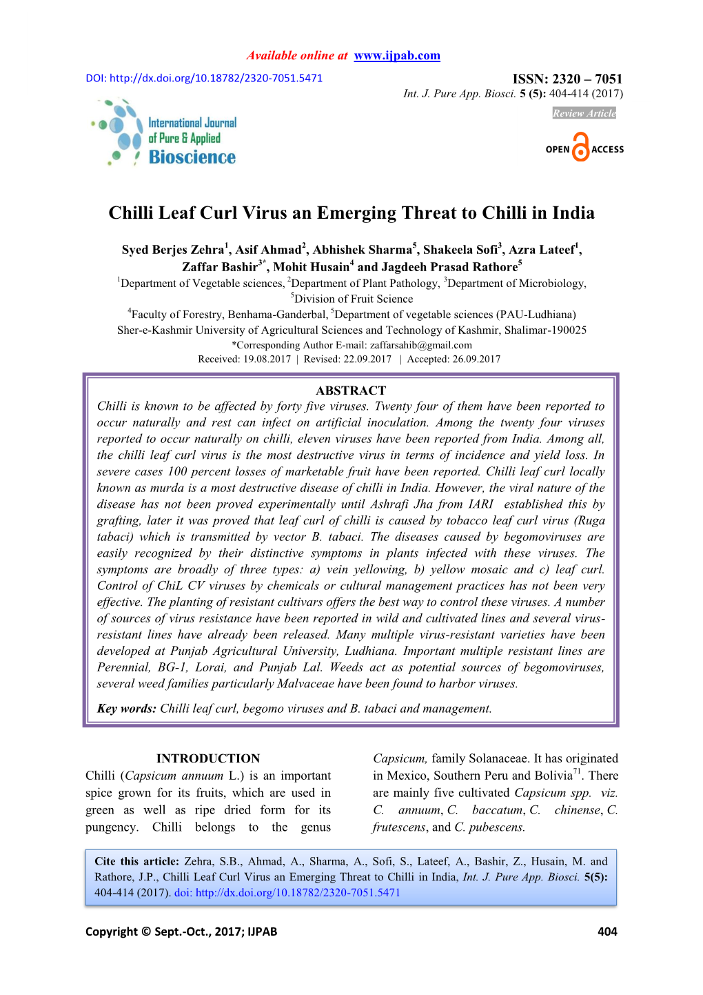 Chilli Leaf Curl Virus an Emerging Threat to Chilli in India