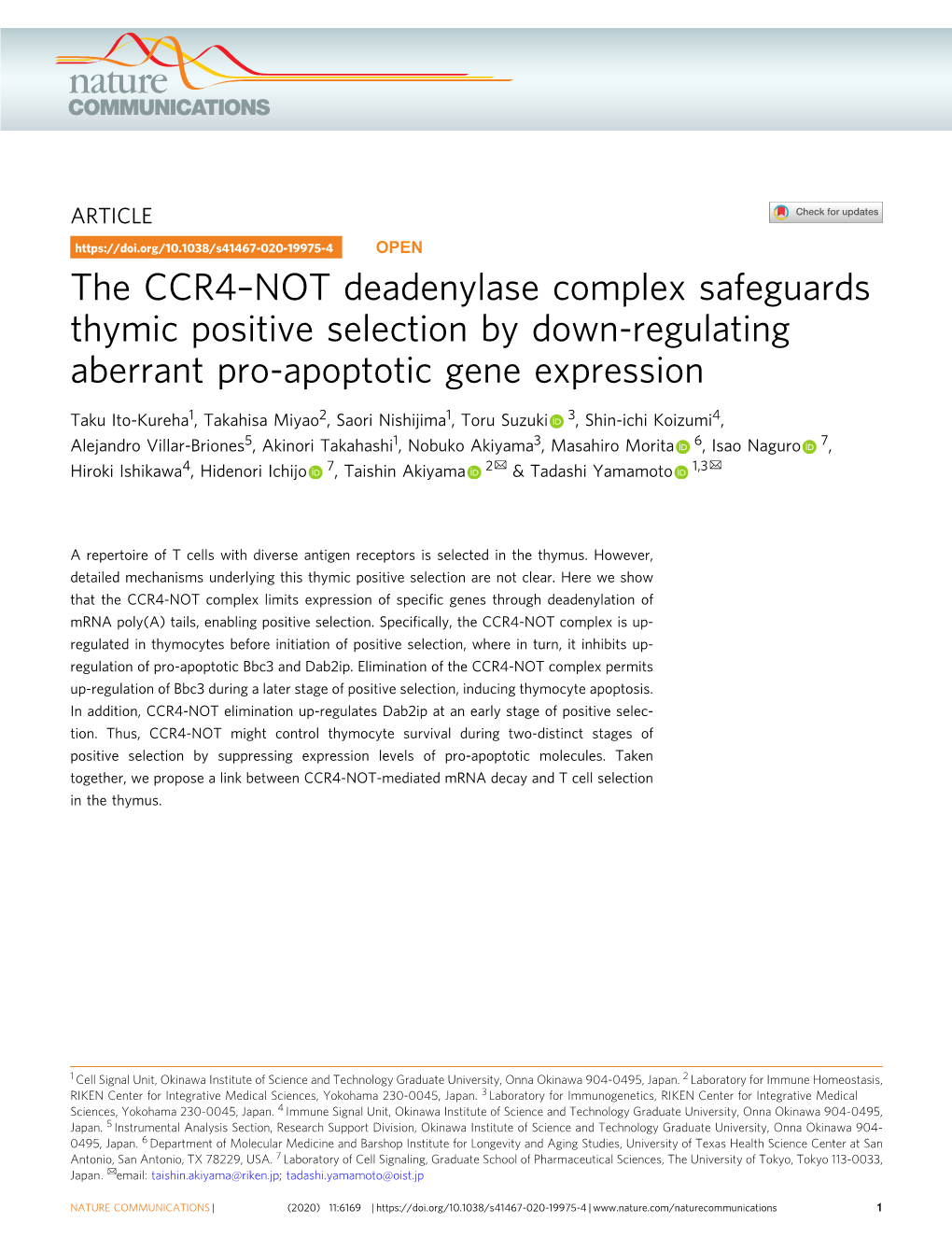 NOT Deadenylase Complex Safeguards Thymic Positive Selection by Down-Regulating Aberrant Pro-Apoptotic Gene Expression