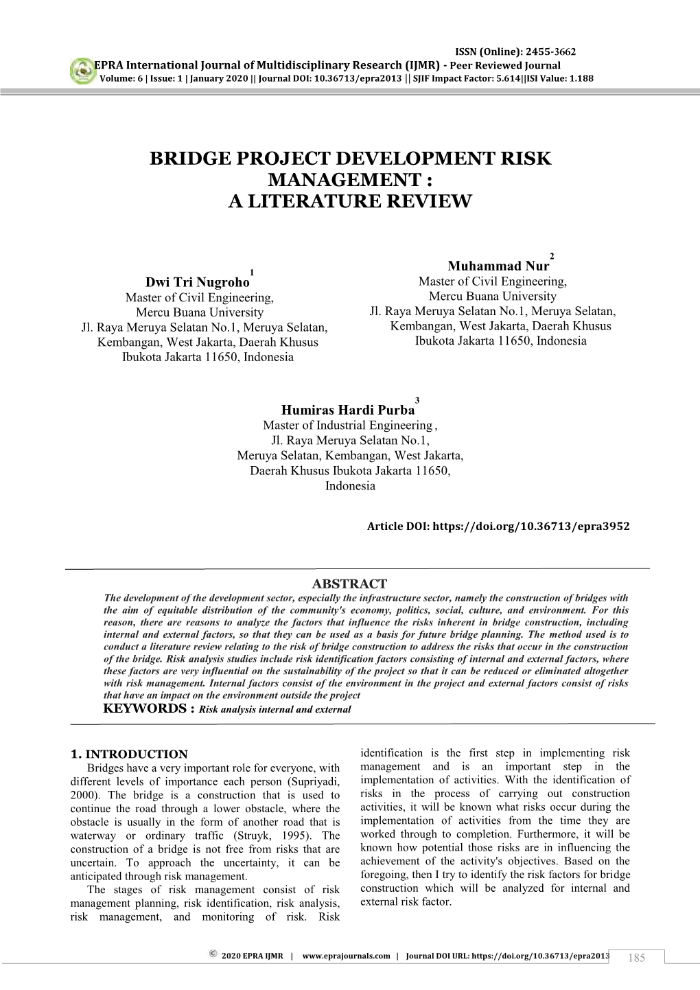 Bridge Project Development Risk Management : a Literature Review