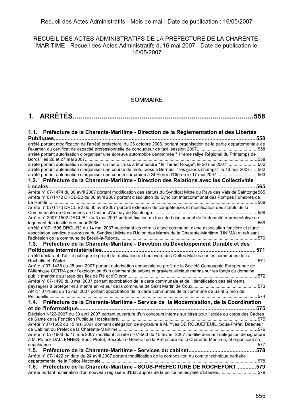 Recueil Des Actes Administratifs - Mois De Mai - Date De Publication : 16/05/2007