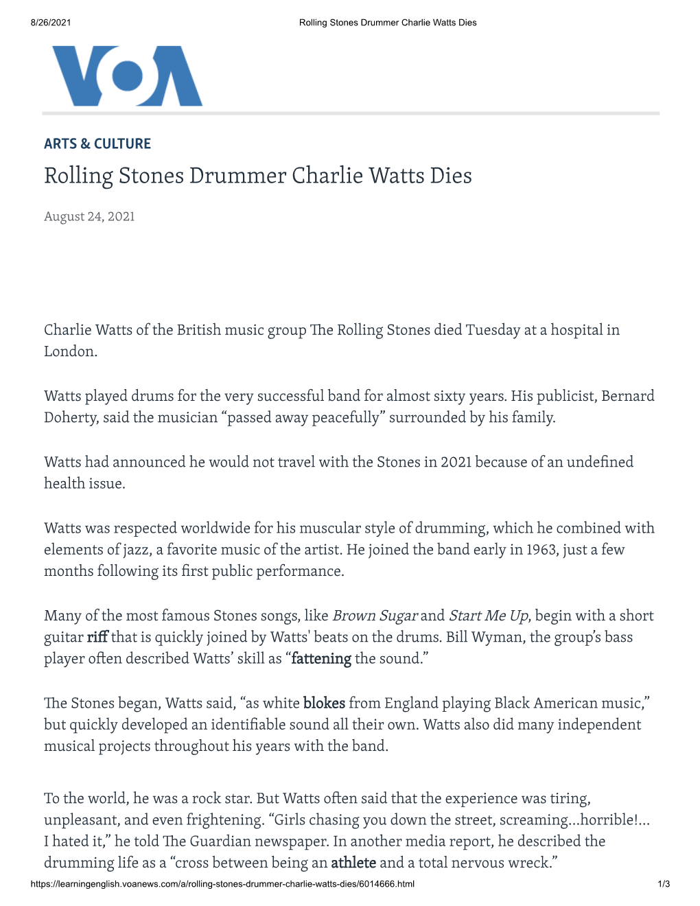 Rolling Stones Drummer Charlie Watts Dies