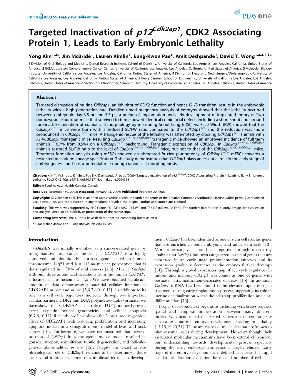 Targeted Inactivation of P12 , CDK2 Associating Protein 1, Leads To