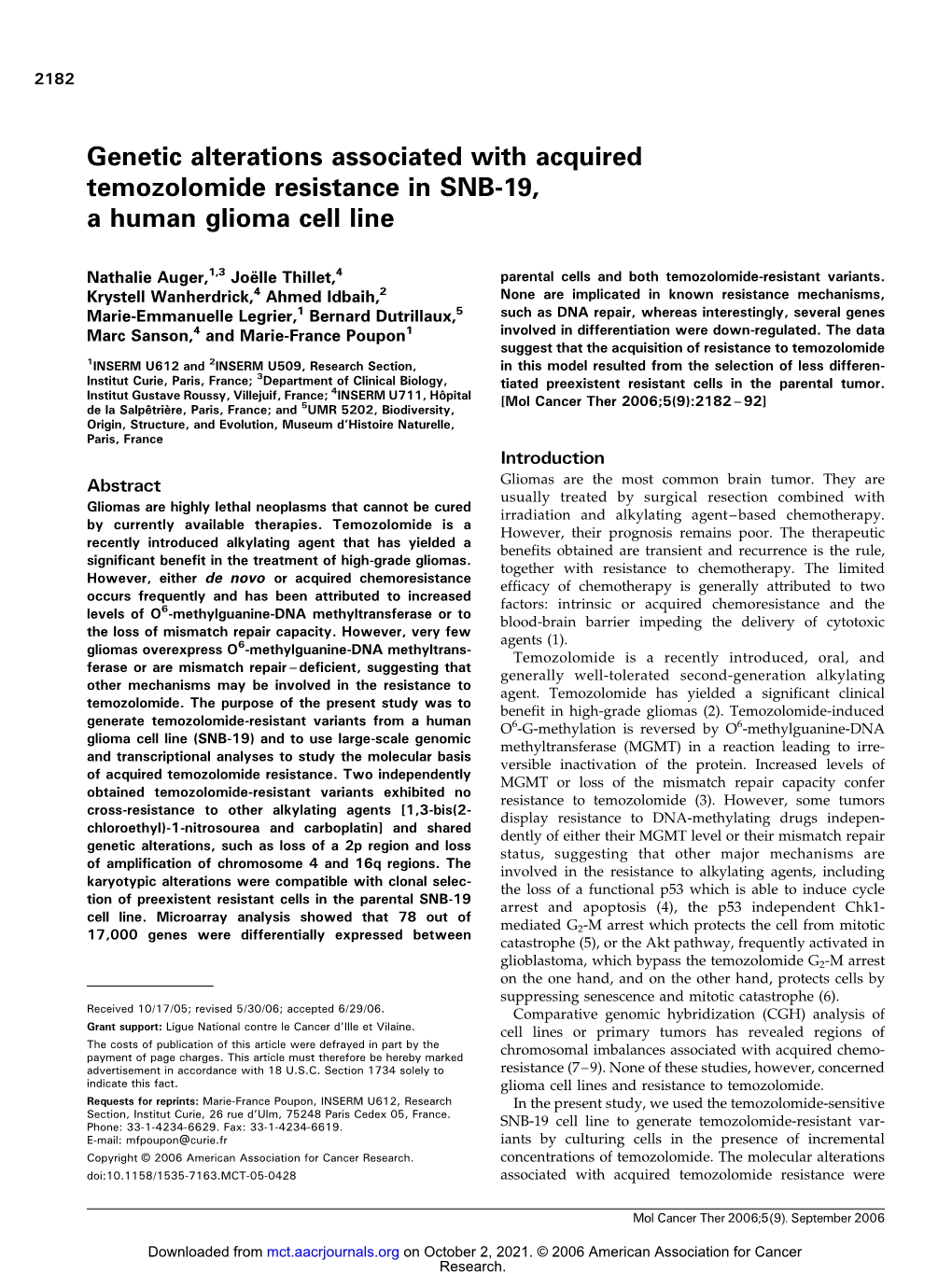 Genetic Alterations Associated with Acquired Temozolomide Resistance in SNB-19, a Human Glioma Cell Line