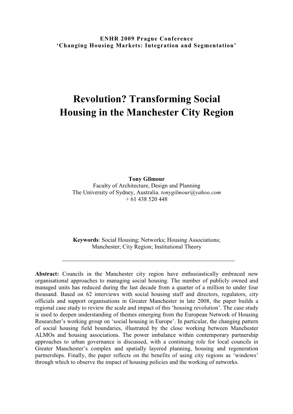 Revolution? Transforming Social Housing in the Manchester City Region