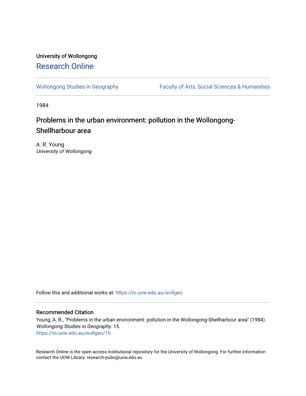 Pollution in the Wollongong-Shellharbour Area" (1984)