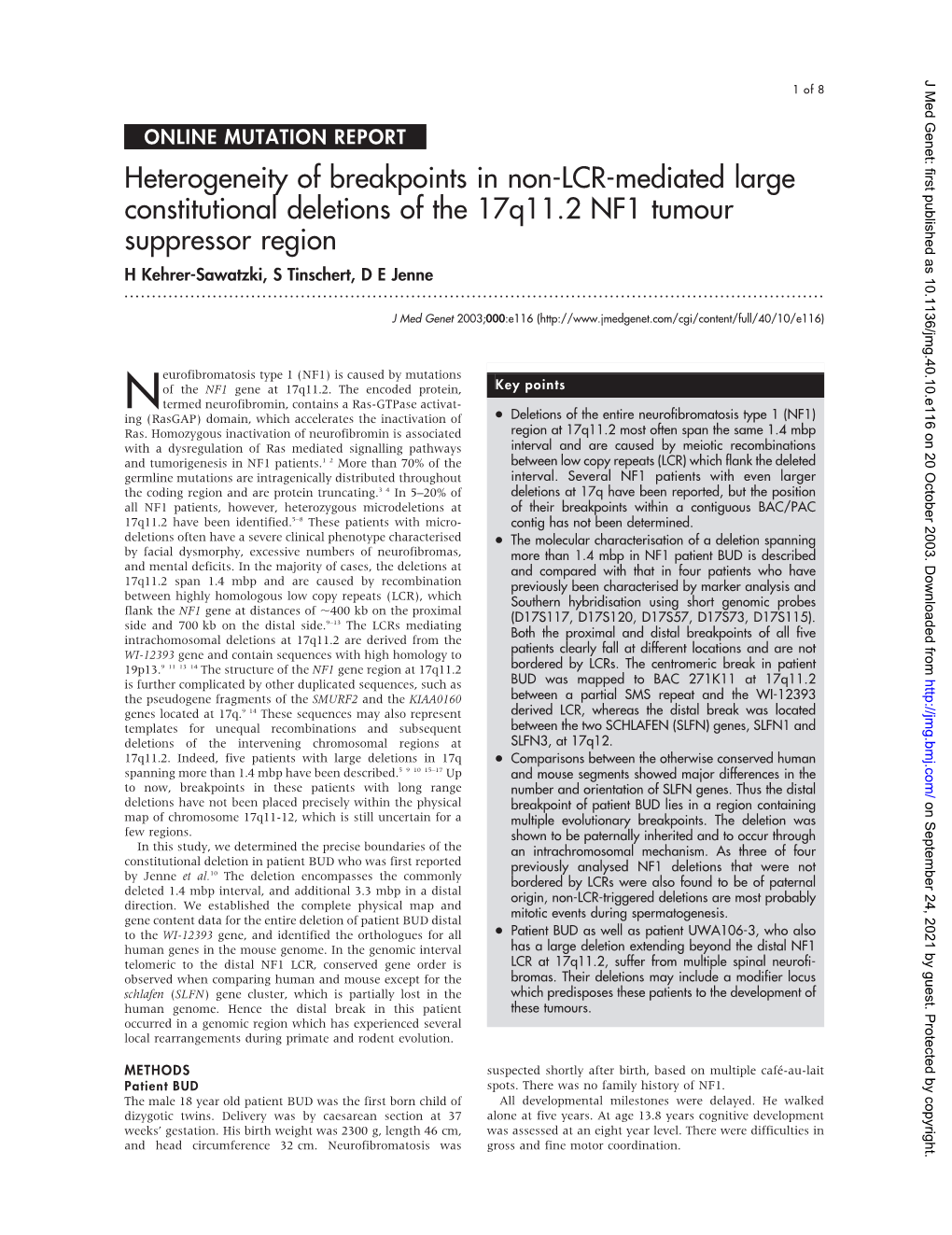 Heterogeneity of Breakpoints in Non-LCR-Mediated Large Constitutional Deletions of the 17Q11.2 NF1 Tumour Suppressor Region