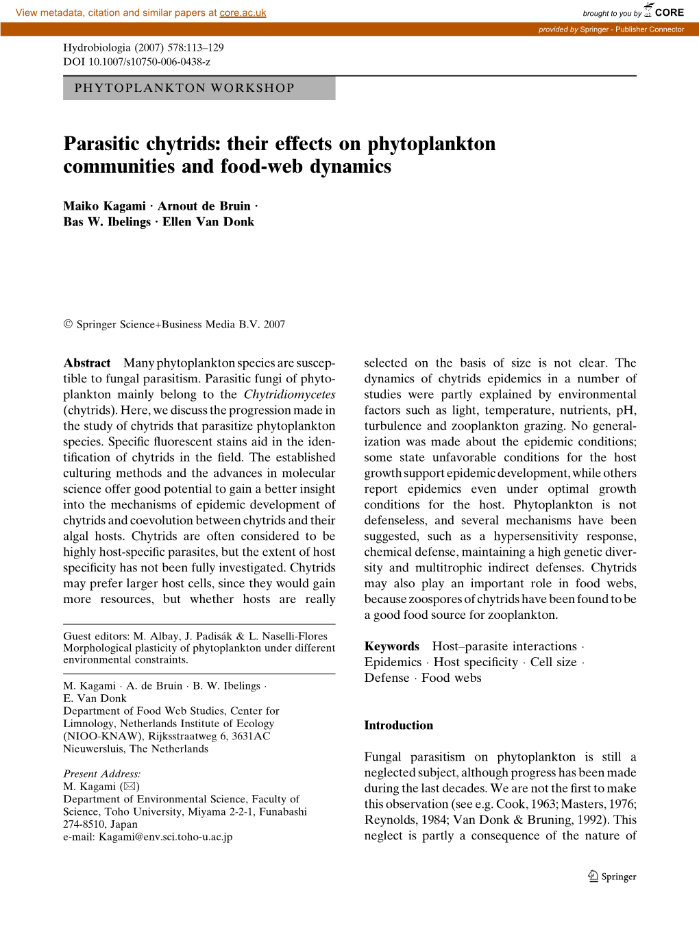 Parasitic Chytrids: Their Effects on Phytoplankton Communities and Food-Web Dynamics