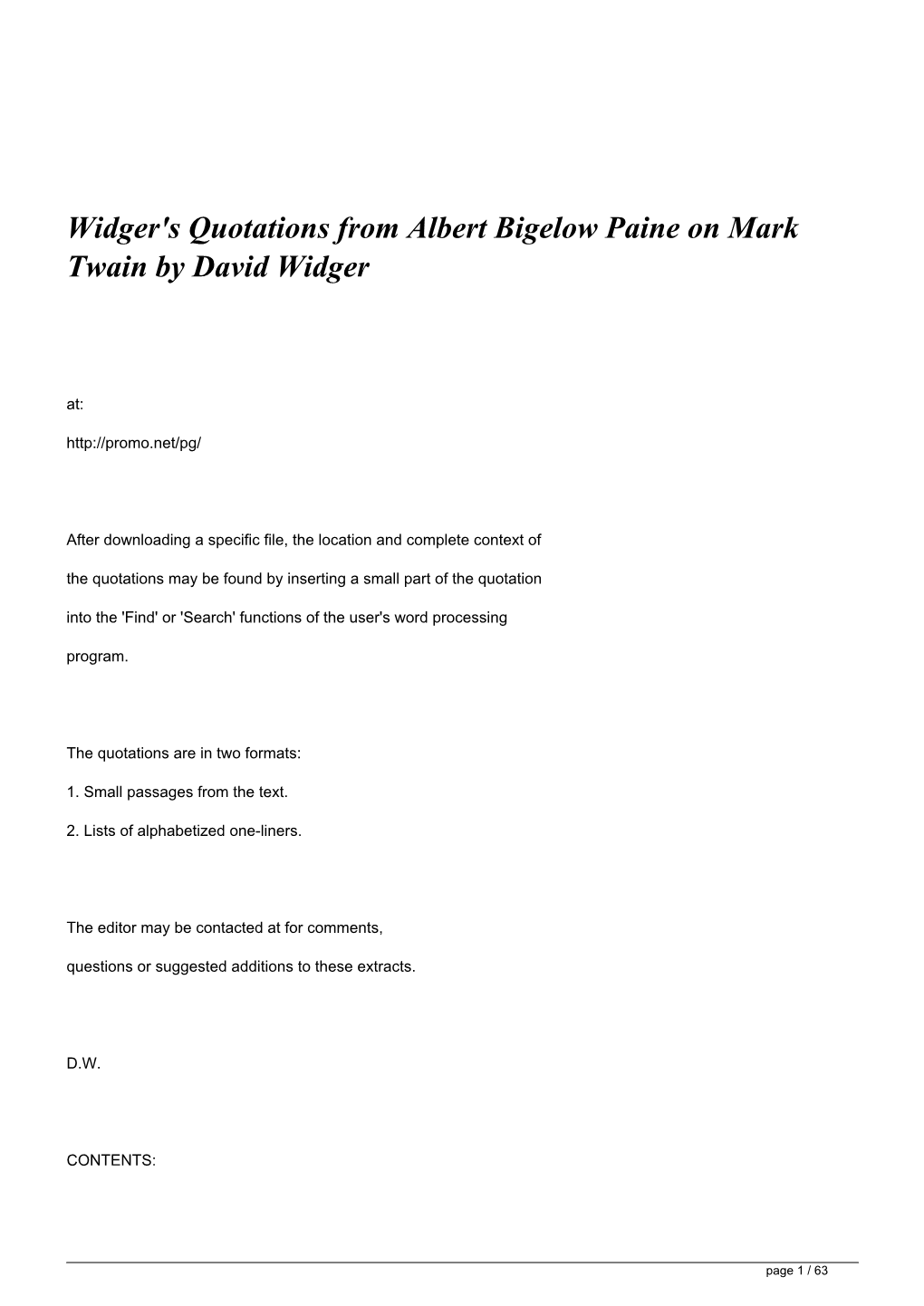 Widger's Quotations from Albert Bigelow Paine on Mark Twain by David Widger