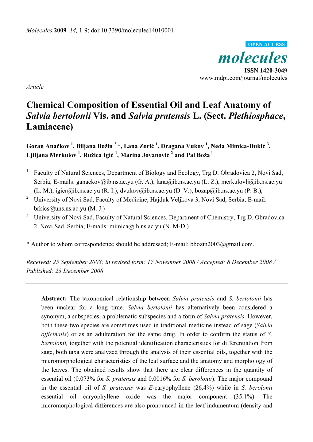 Chemical Composition of Essential Oil and Leaf Anatomy of Salvia Bertolonii Vis