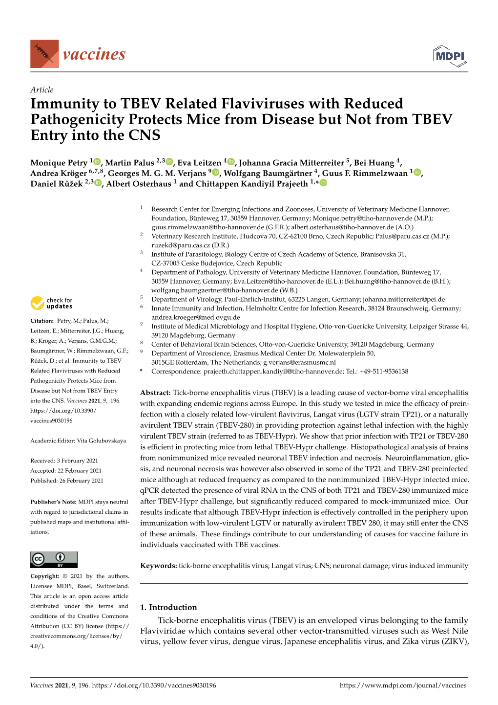 Immunity to TBEV Related Flaviviruses with Reduced Pathogenicity Protects Mice from Disease but Not from TBEV Entry Into the CNS