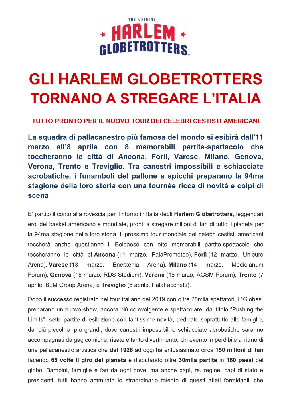 Gli Harlem Globetrotters Tornano a Stregare L’Italia