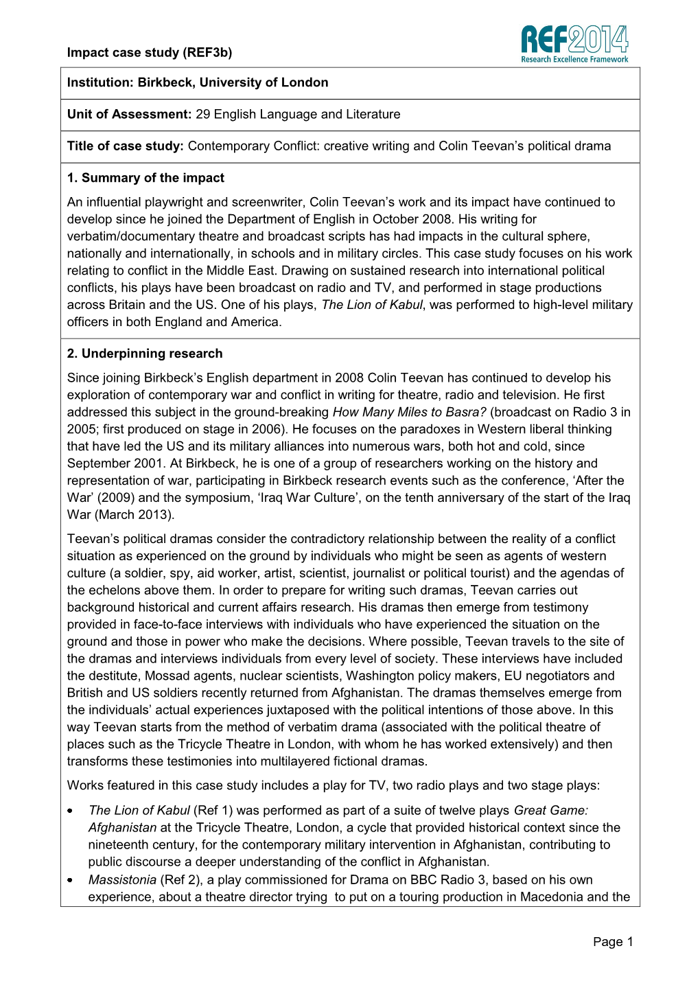 Impact Case Study (Ref3b) Page 1 Institution: Birkbeck, University of London Unit of Assessment: 29 English Language and Literat