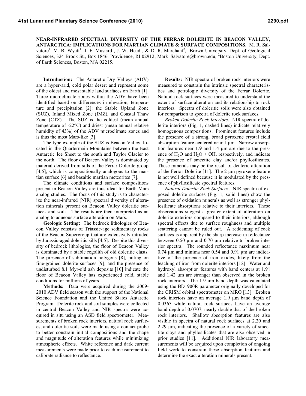 Near-Infrared Spectral Diversity of the Ferrar Dolerite in Beacon Valley, Antarctica: Implications for Martian Climate & Surface Compositions