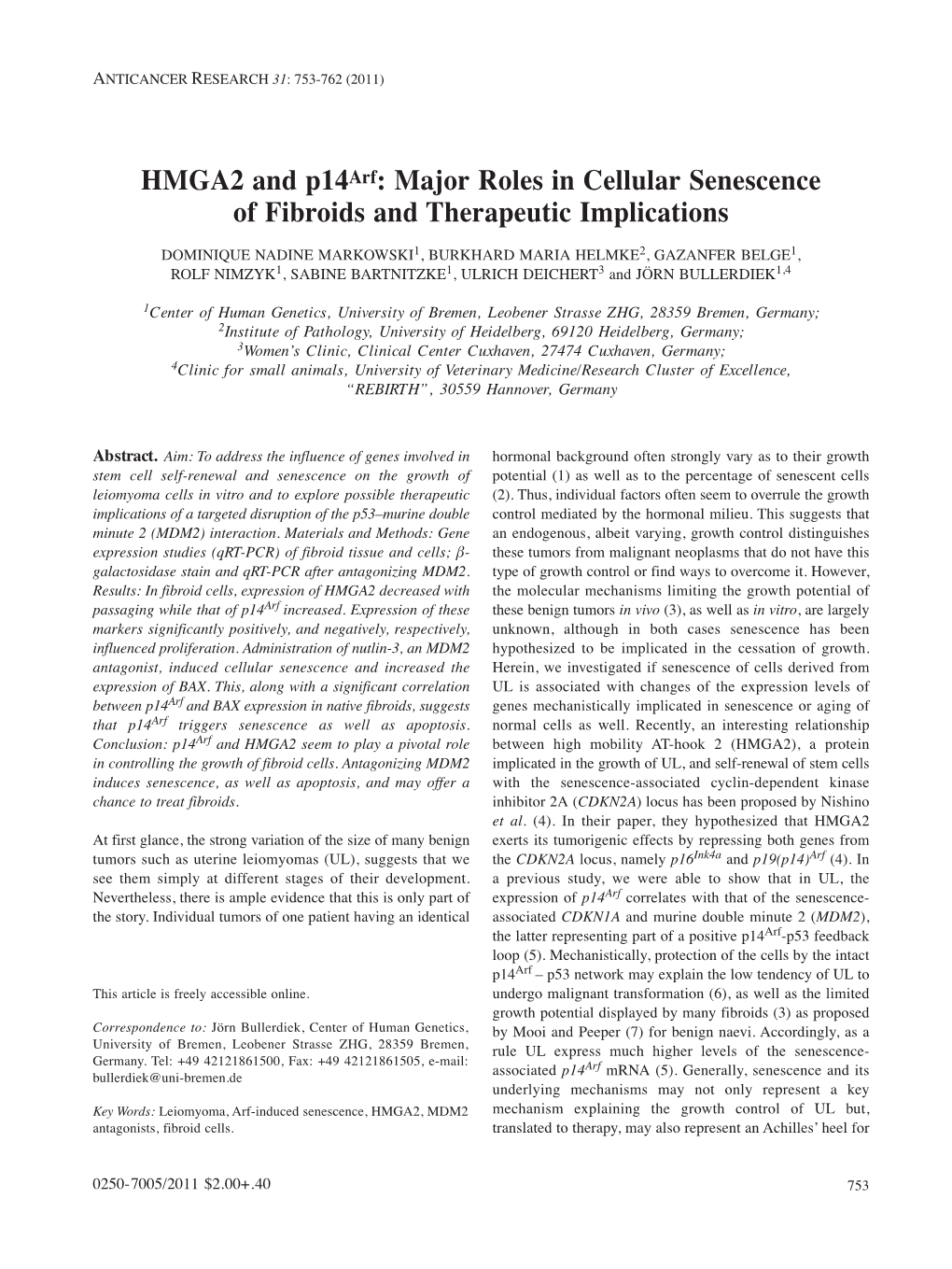 HMGA2 and P14arf: Major Roles in Cellular Senescence of Fibroids and Therapeutic Implications