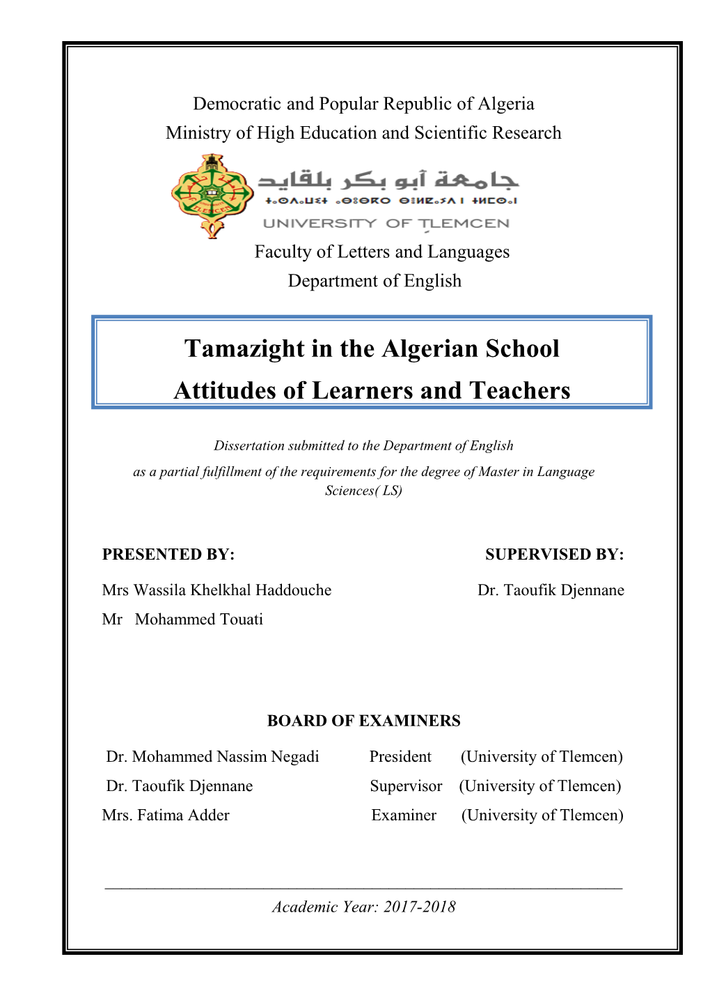 Tamazight in the Algerian School Attitudes of Learners and Teachers