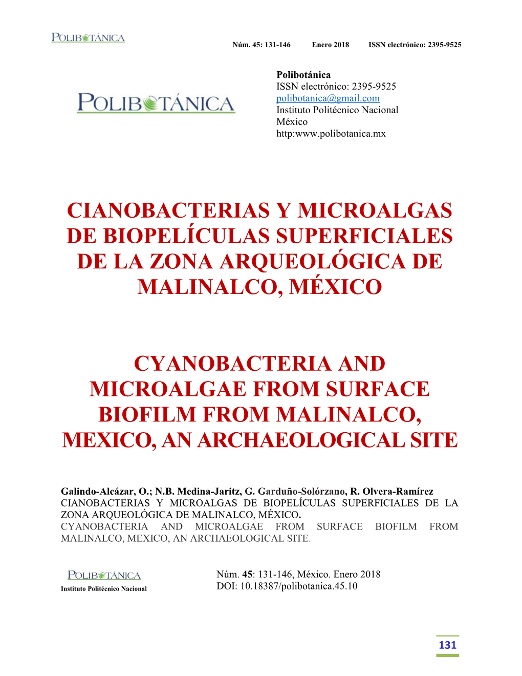 Cianobacterias Y Microalgas De Biopelículas Superficiales De La Zona Arqueológica De Malinalco, México