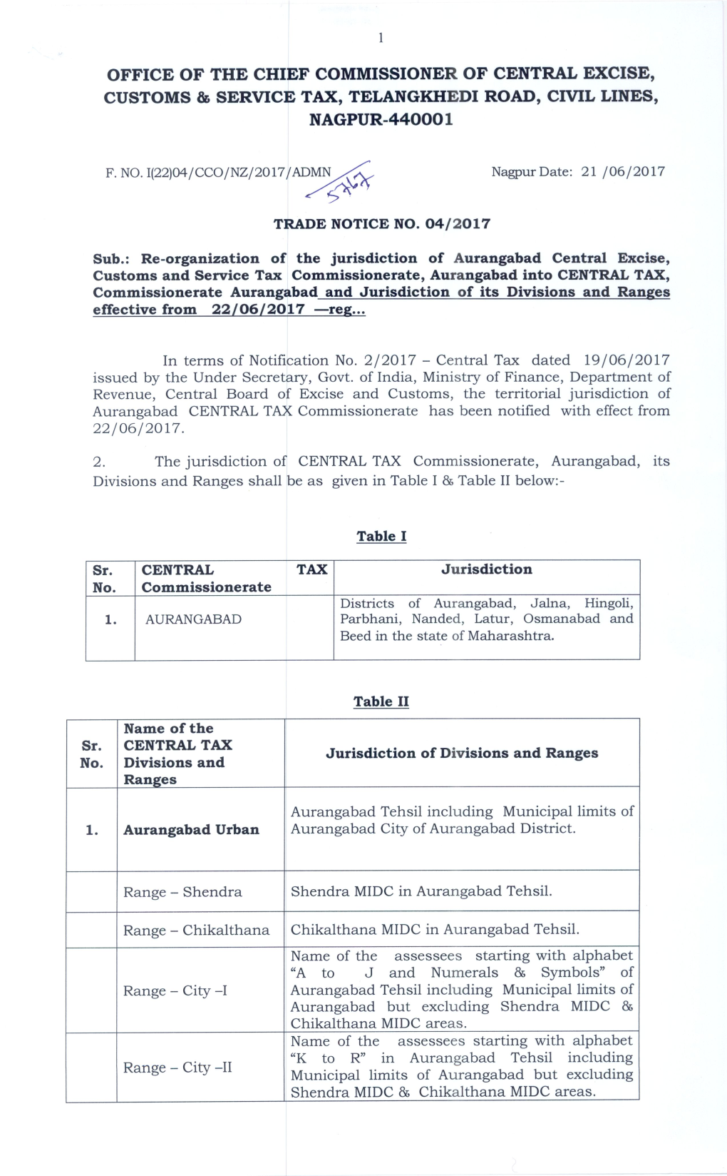 Office of the Chief Commissioner of Central Excise, Customs & Service