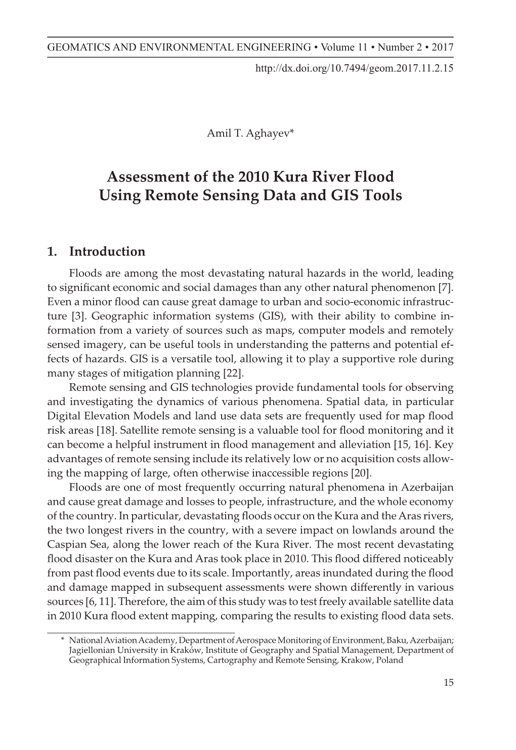 Assessment of the 2010 Kura River Flood Using Remote Sensing Data and GIS Tools