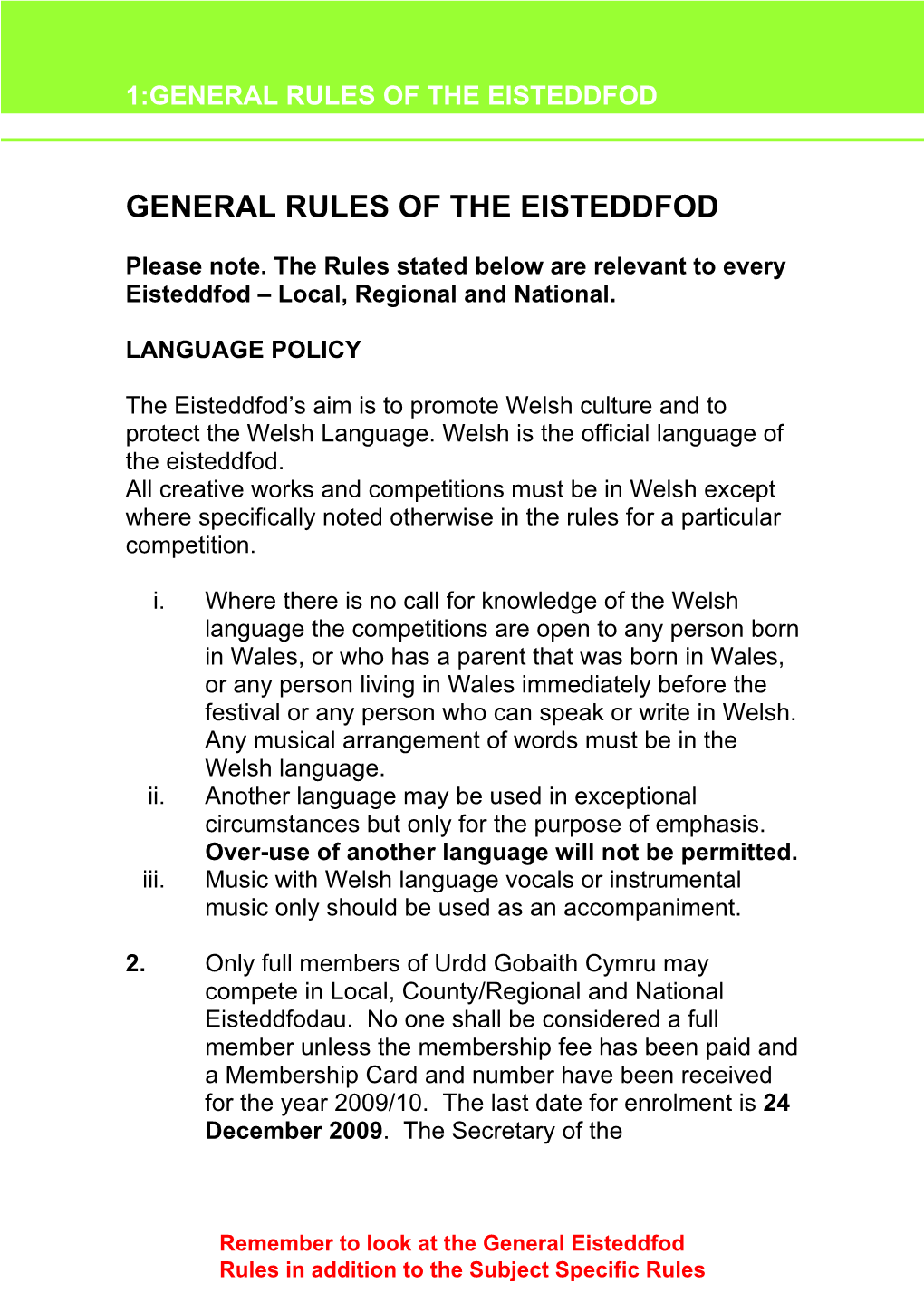 General Rules of the Eisteddfod