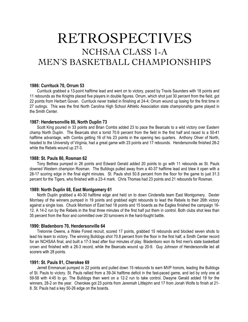 Retrospectives Nchsaa Class 1-A Men’S Basketball Championships