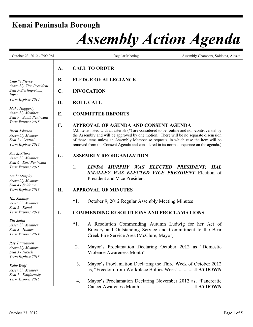 Assembly Action Agenda