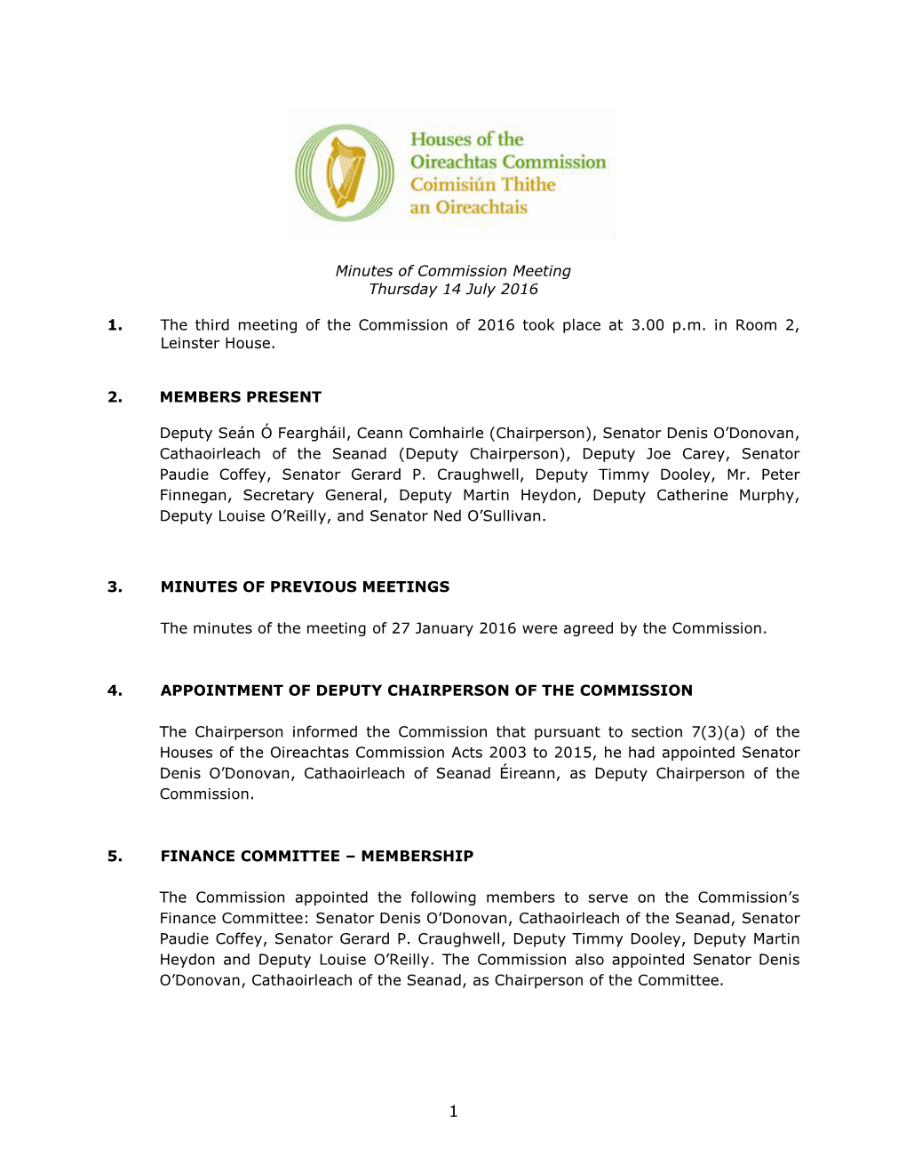 Houses of the Oireachtas Commission Minutes