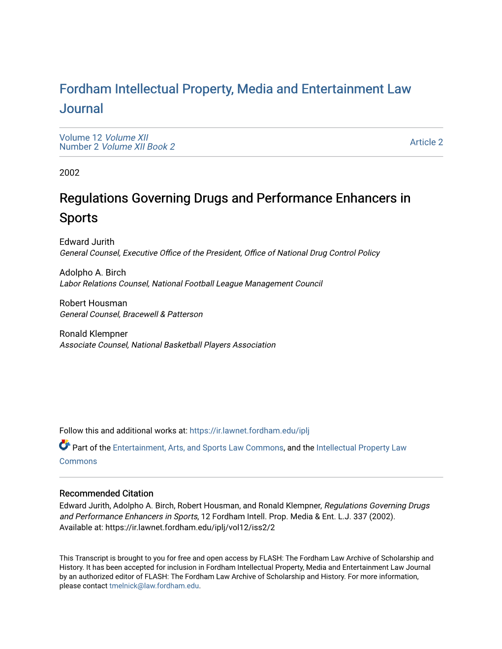 Regulations Governing Drugs and Performance Enhancers in Sports