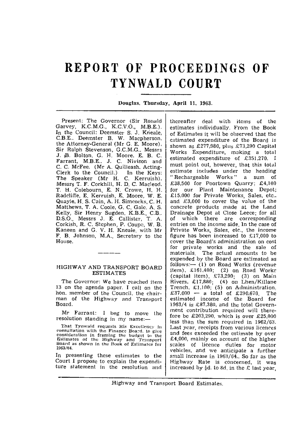 Report of Proceedings of Tynwald Court