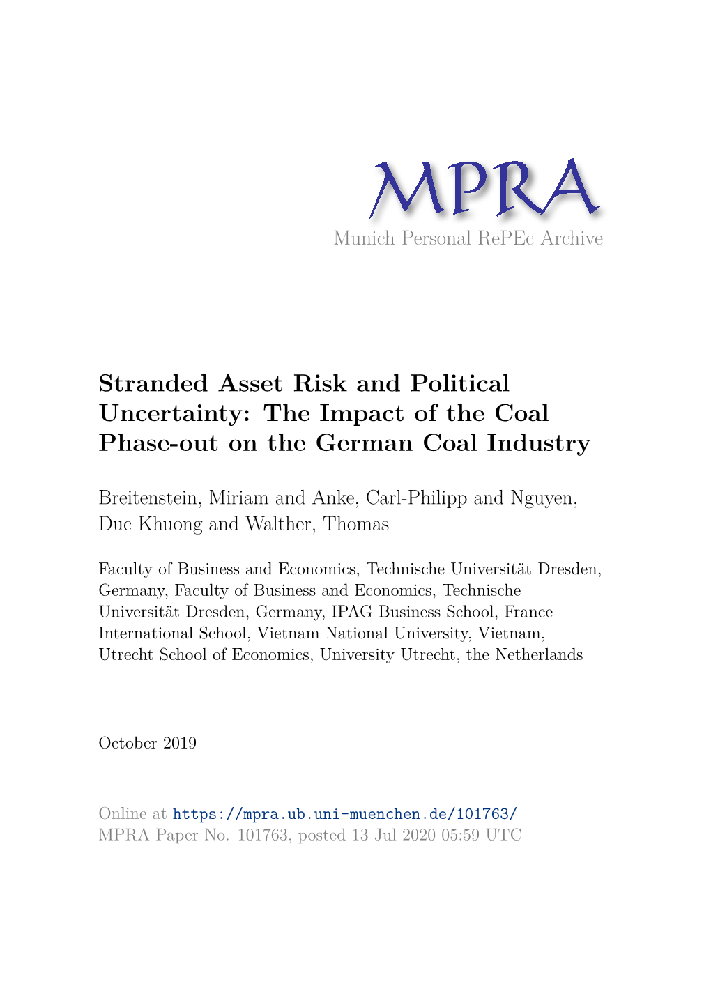 Stranded Asset Risk and Political Uncertainty: the Impact of the Coal Phase-Out on the German Coal Industry